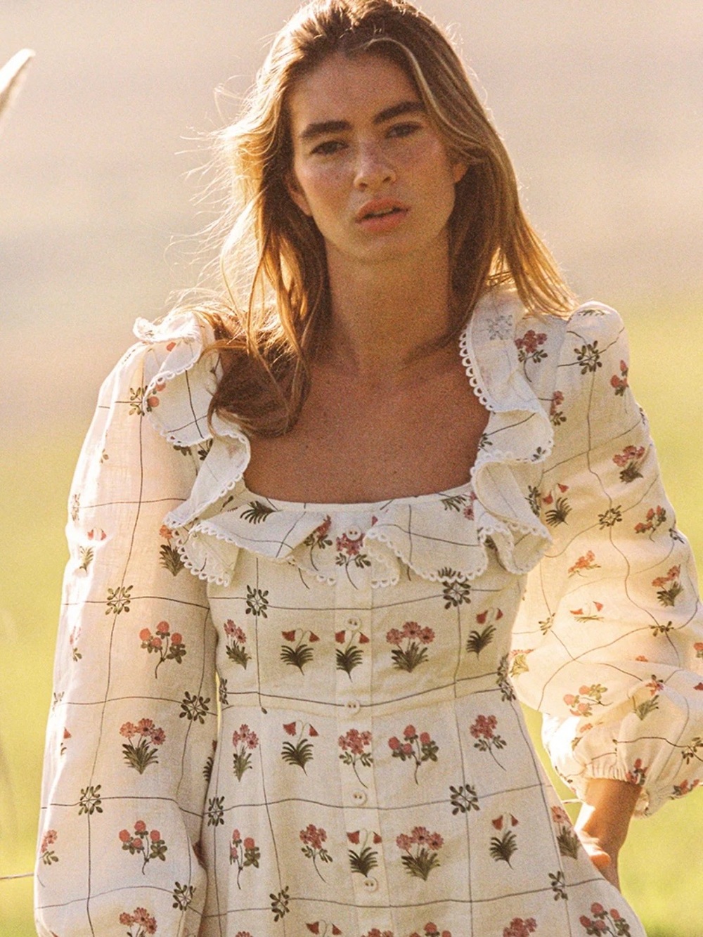 Cream Floral Midi Dress with Ruffle Square Neckline